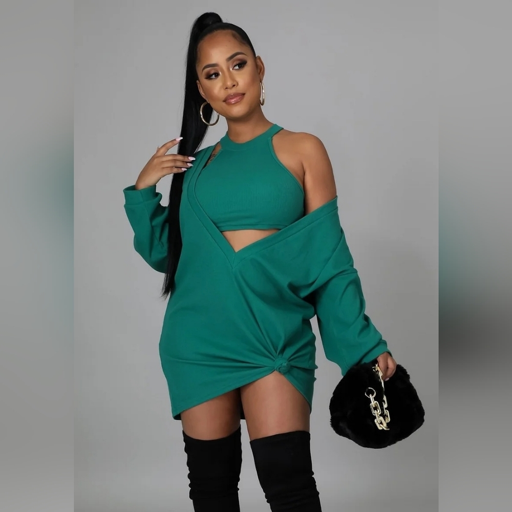 ROUND NECKLINE KNIT TWO PIECE SET VEST DRESS